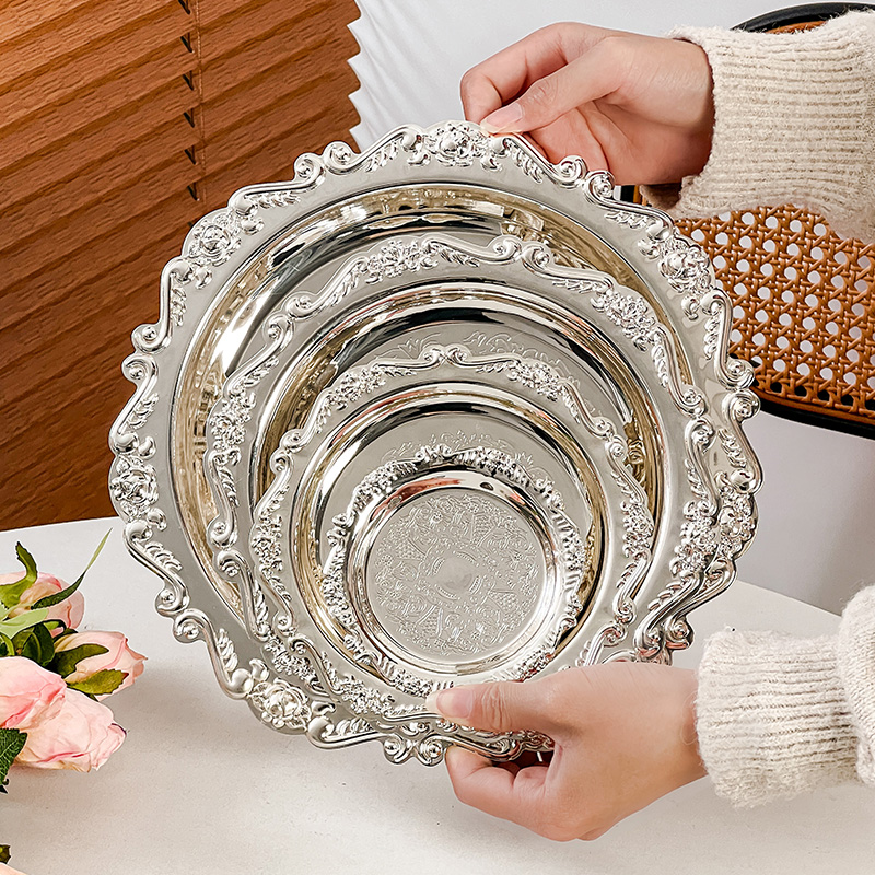 欧式复古雕花金属托盘甜品盘餐盘