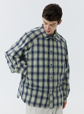 TreeOutside蓝色格子结构口袋插肩长袖衬衫男士2025年秋冬新款