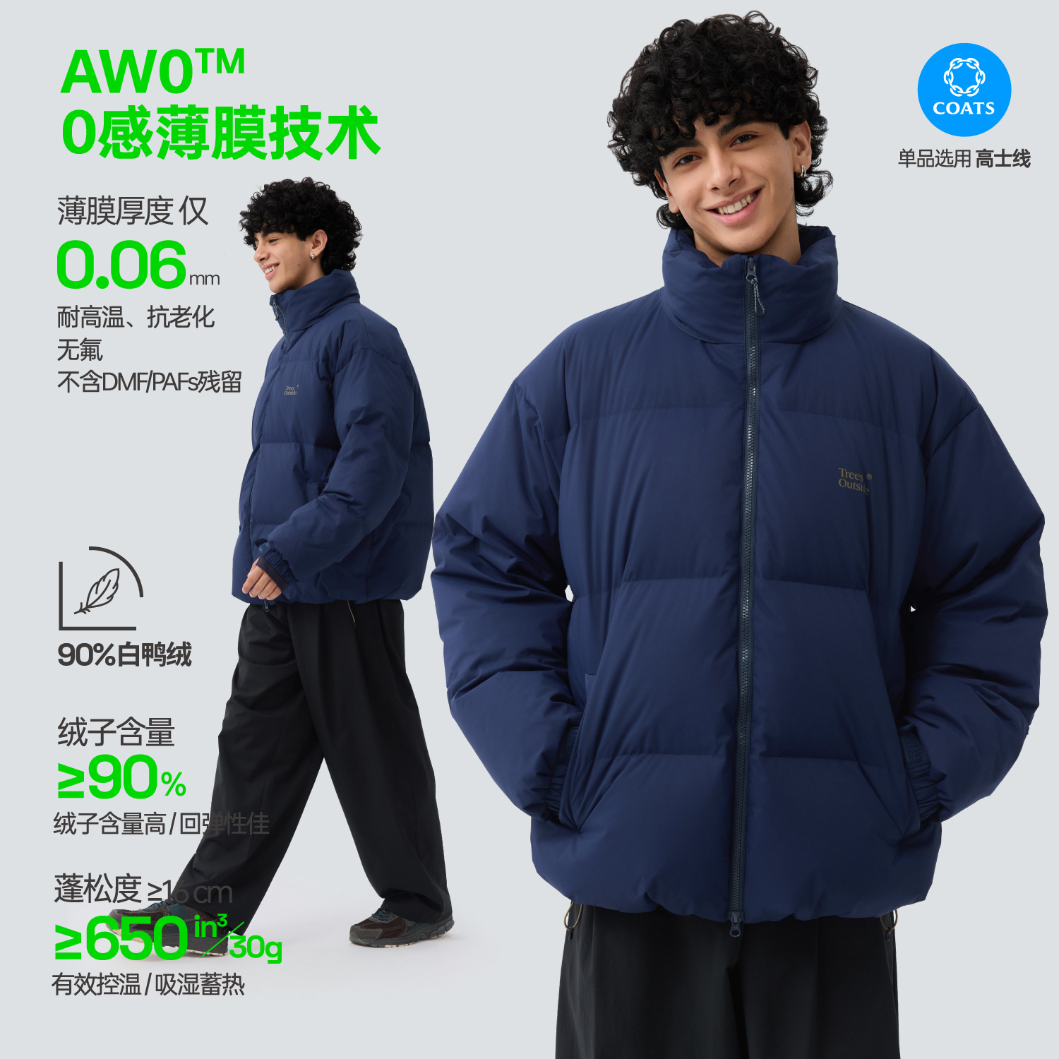 TreesOutside暖森山羽3.0透湿防风锁温超薄0感膜羽绒面包服2025新