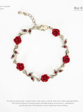 港风复古浪漫玫瑰手链克莱因蓝清新手环轻奢做旧高级感项链礼物潮