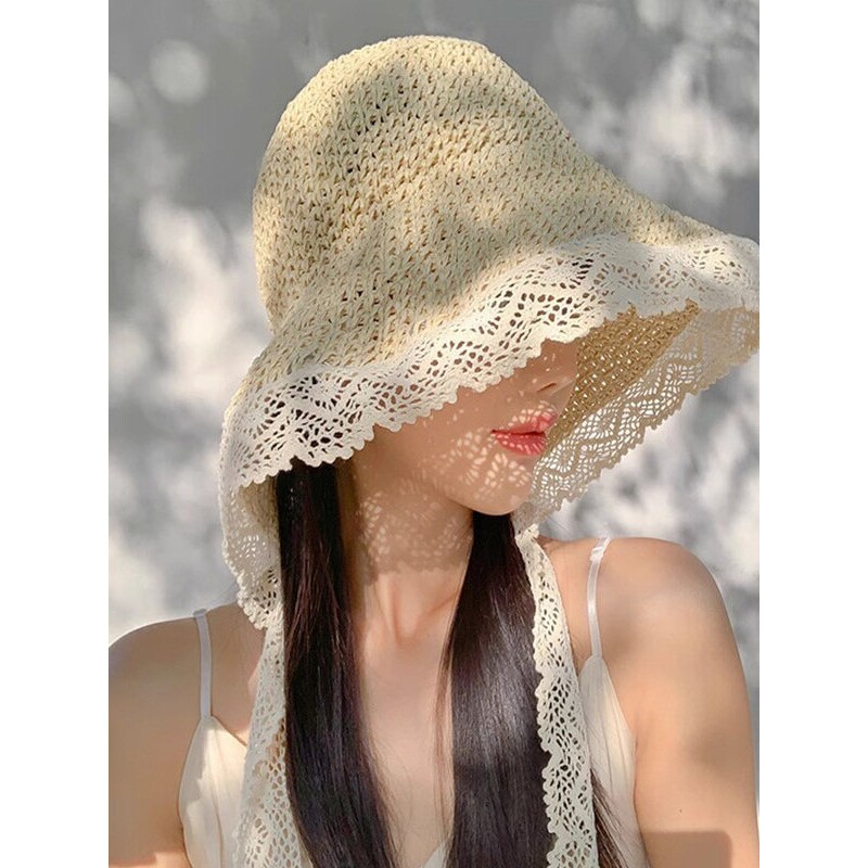 海边可折叠太阳帽子法式蕾丝花边遮阳草帽女夏季大帽檐飘带渔夫帽
