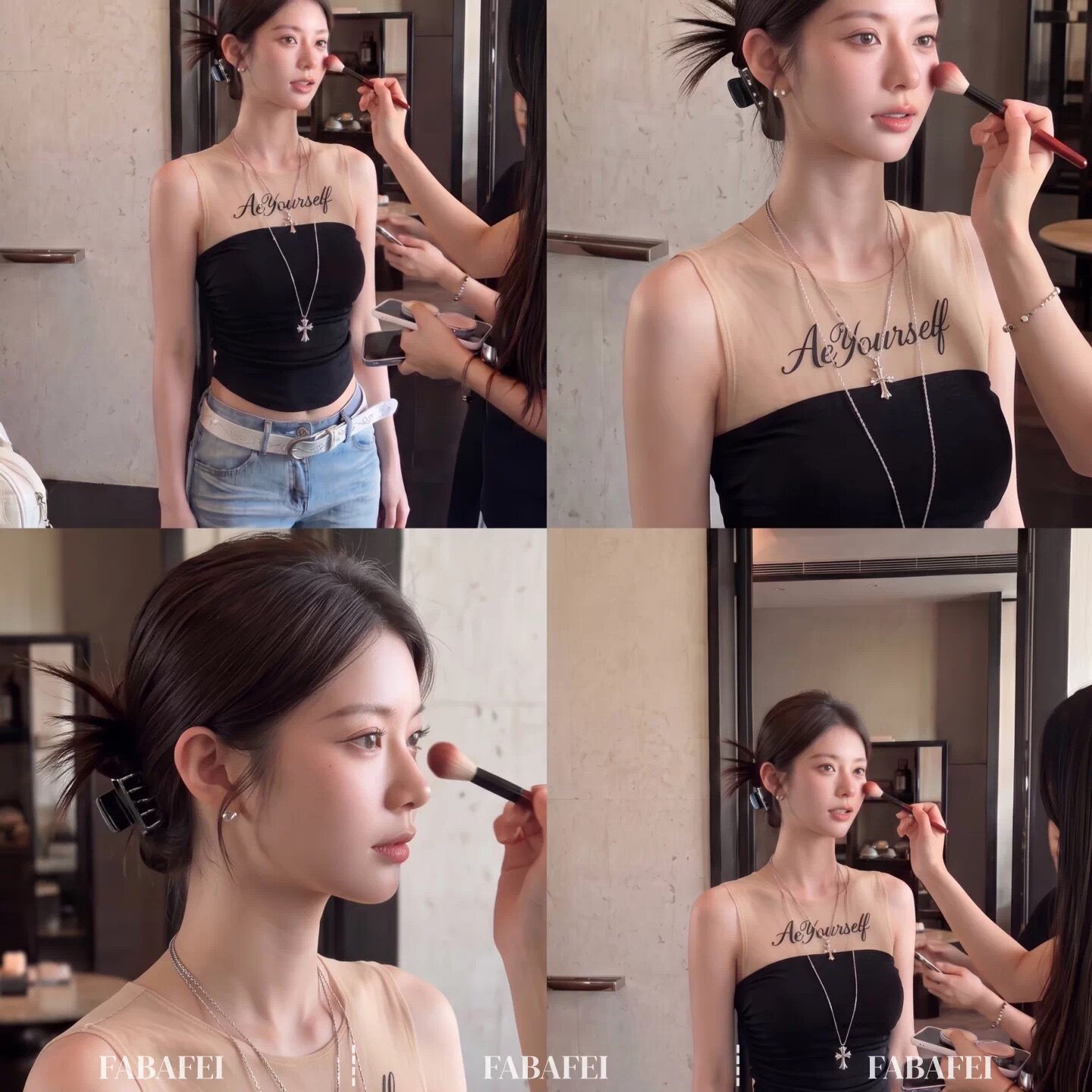 黑色网纱拼接立体字母印花背心女