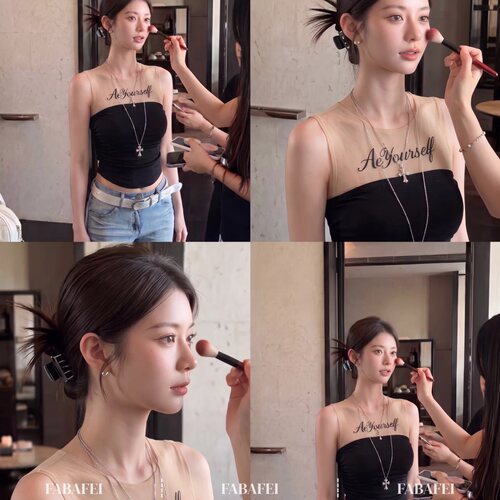 黑色网纱拼接立体字母印花背心女