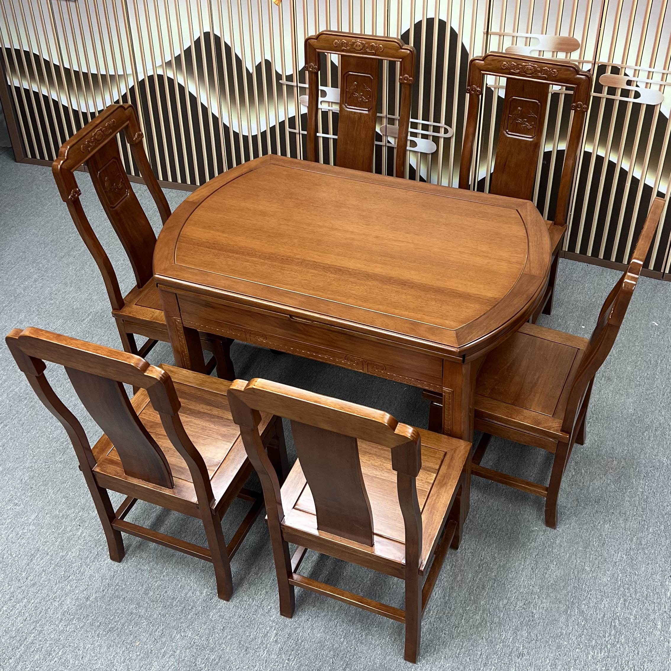 小户型中式全实木餐桌椅组合方圆两用菠萝格木桌子可伸缩折叠圆桌