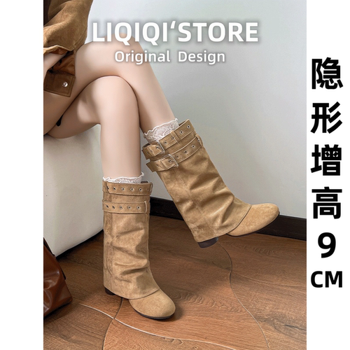真皮复古皮带扣骑士靴女增高9cm
