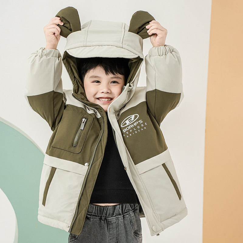 男童小童宽松羽绒服加厚灰绿黄色婴幼童外套儿童连帽棉袄衣棉服冬