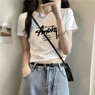 高腰短款 纯棉短袖 设计感修身 t恤女白色正肩夏季 露脐上衣全棉 新款