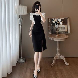 裙子开叉 2025轻奢过膝半身连衣裙黑色夏季 法式 新款 高级气质修身