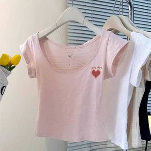 显瘦辣妹上衣 美式 复古U领正肩粉色短袖 t恤女夏季 爱心印花百搭修身