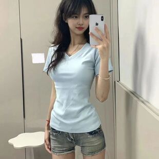 纯棉2025新款 修身 简约v领上衣女显瘦学生辣妹正肩领正短袖 T恤夏季