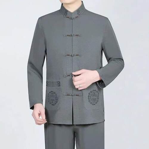 宏嫩中老年冰丝唐装男装男士长袖爸爸衣服爷爷太极服休闲上衣套装
