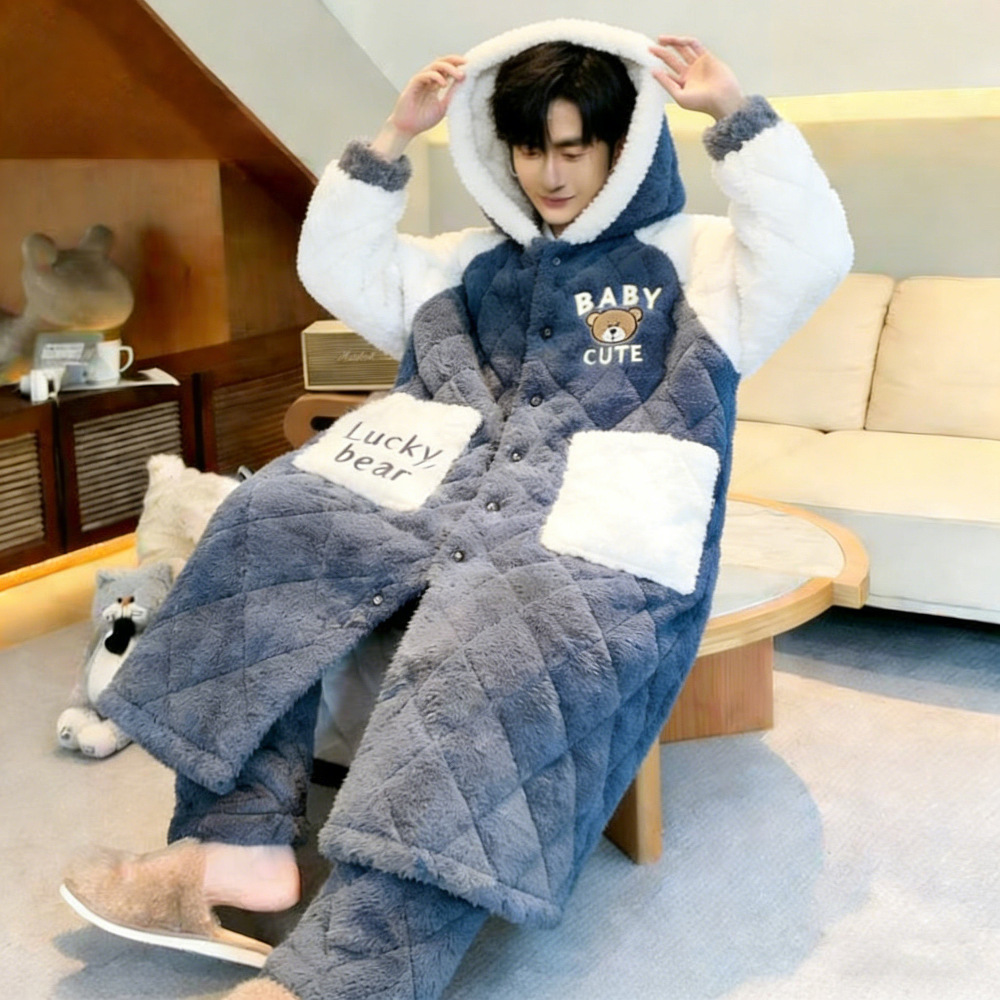 男士睡衣秋冬季三层夹棉加绒加厚25新款珊瑚绒连帽睡袍冬天家居服