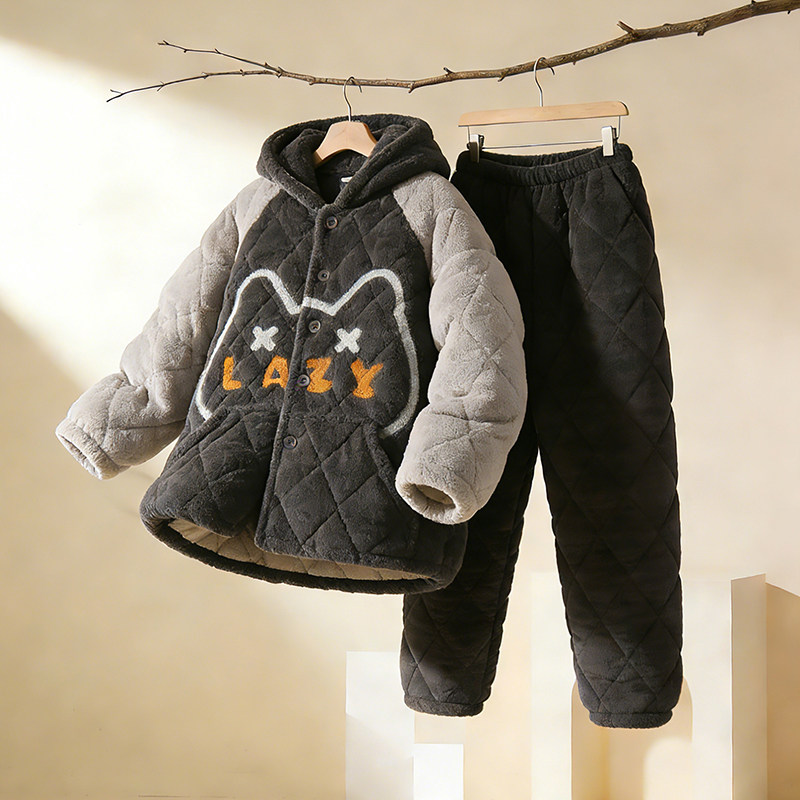 珊瑚绒男士睡衣三层夹棉加厚加绒秋冬季可外穿连帽拉链男款家居服