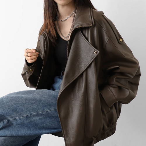 立领机车皮衣外套女夹克上衣秋冬