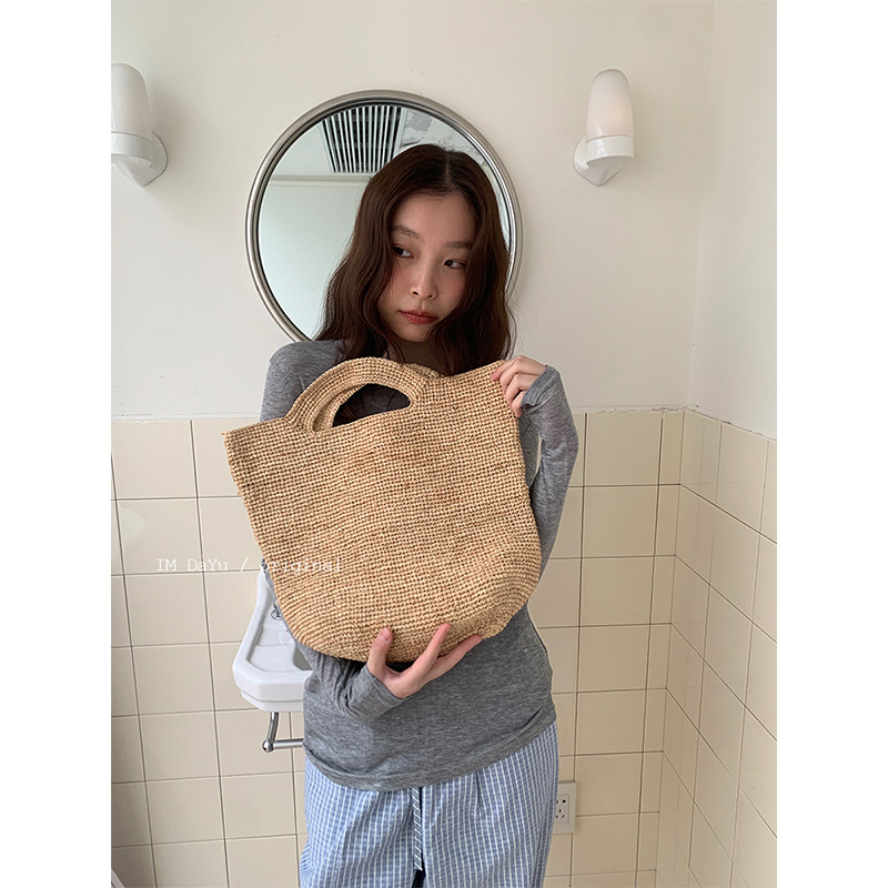 日本专柜款法式轻奢100%拉菲草包海边慵懒感度假大容量手提包25ss