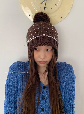 DaYu 韩版少女爱心针织护耳帽女秋冬时髦复古加厚毛球飞行帽学生