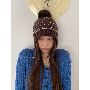 DaYu 韩版少女爱心针织护耳帽女秋冬时髦复古加厚毛球飞行帽学生