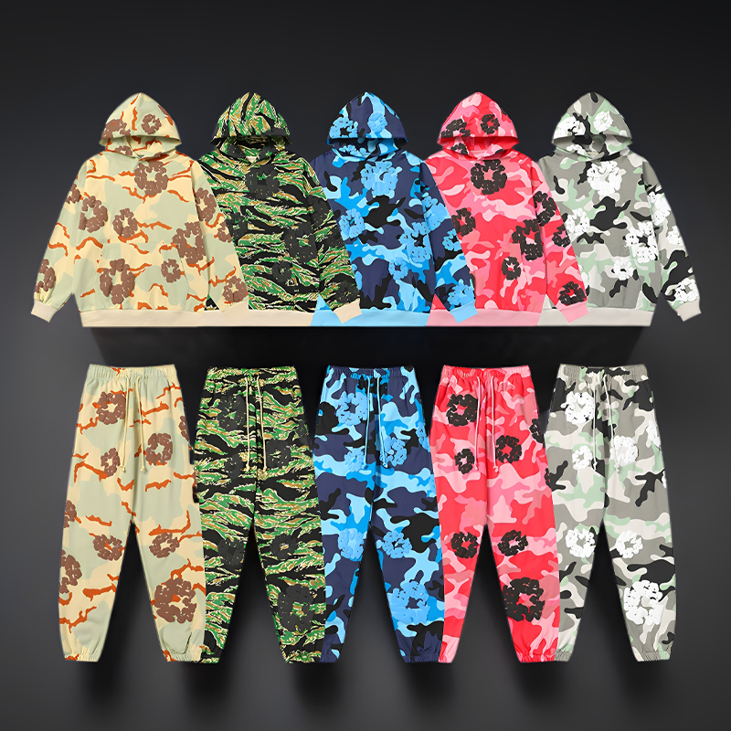 高端Denim迷彩木棉花连帽运动裤