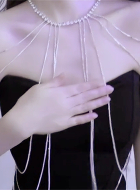 银色镶钻长款流苏胸链女