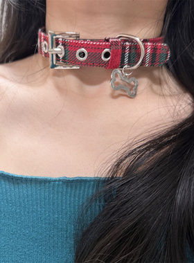 红色格纹闪钻锆石项圈女