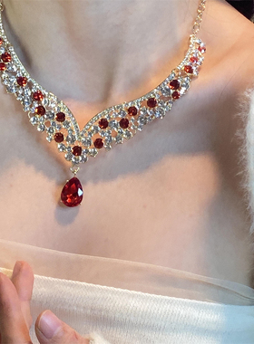 满钻红色项链耳钉女轻奢
