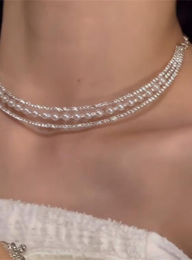 简约双层锆石choker珍珠项链项圈