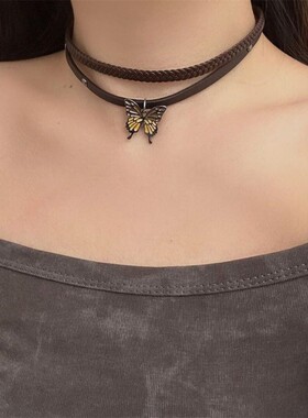 双层编织皮革choker项链复古