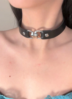 黑色环扣皮质项圈女款