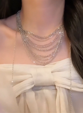 银色叠戴流苏锁骨链女