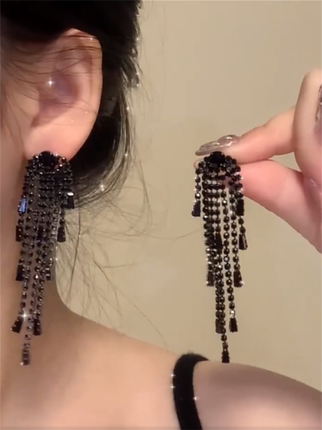 zoozmomo长款黑色锆石流苏耳环女轻奢高级感小众设计显脸小耳饰潮