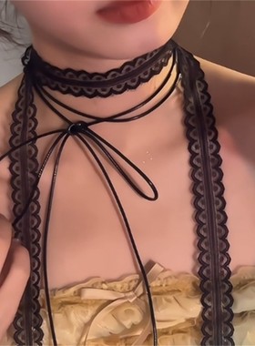 叠戴蝴蝶结项链黑色蕾丝飘带