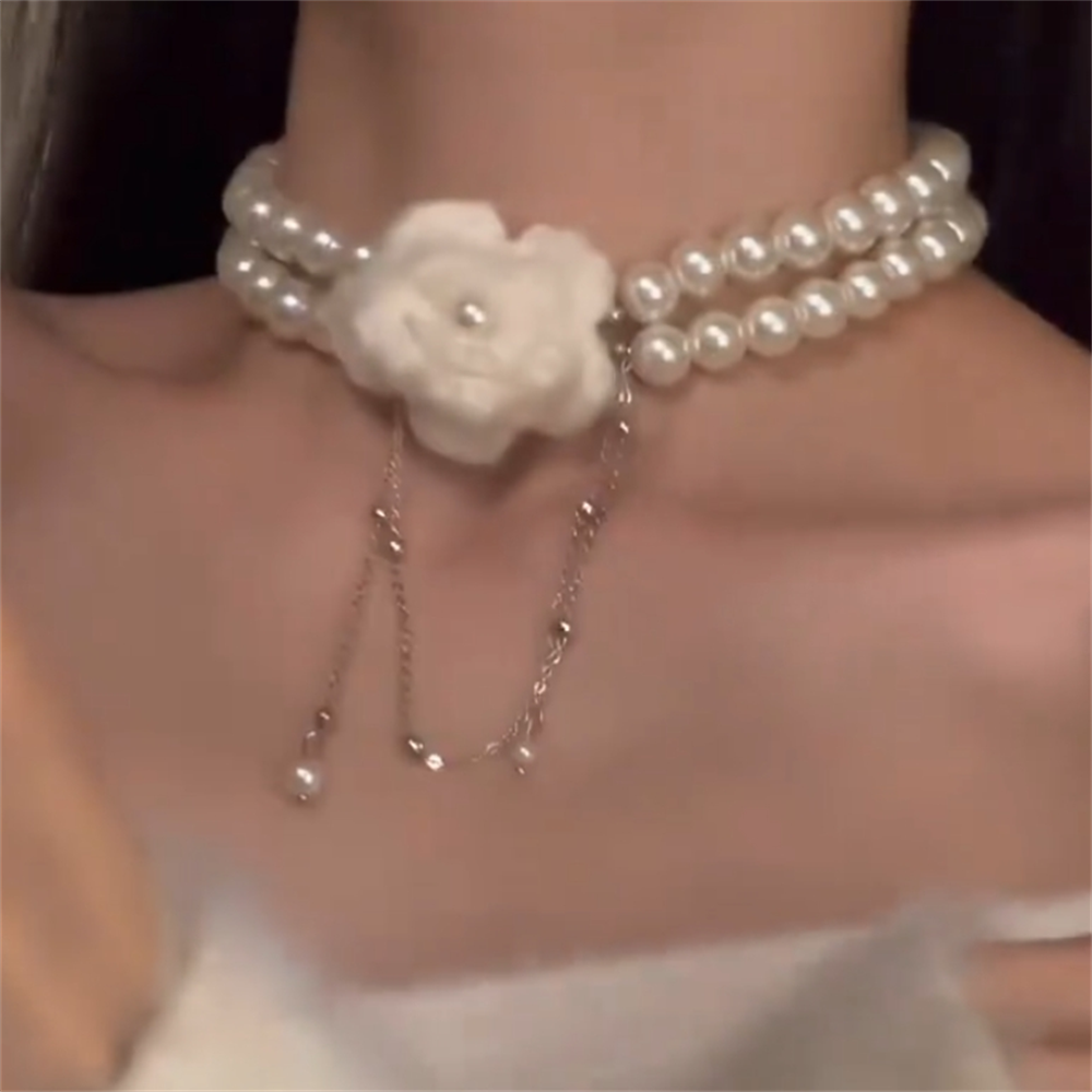 白色山茶花珍珠项链女法式复古