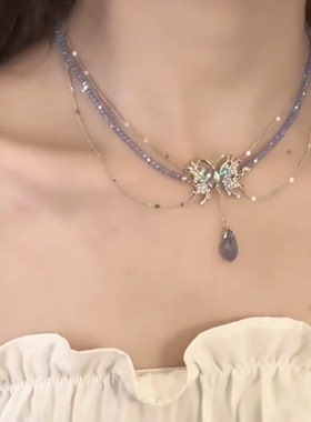 蓝色镶钻锆石蝴蝶水滴锁骨链