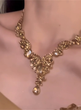 欧美夸张香槟色项链水滴流苏闪钻