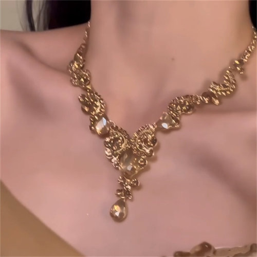 欧美夸张香槟色项链水滴流苏闪钻