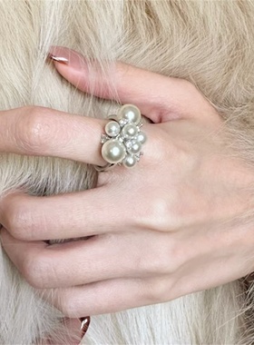 珍珠大小叠搭细碎闪钻戒指