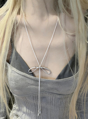 银色蝴蝶结抽拉式项链女