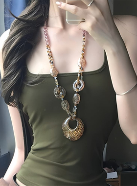 复古豹纹串珠项链波西米亚辣妹