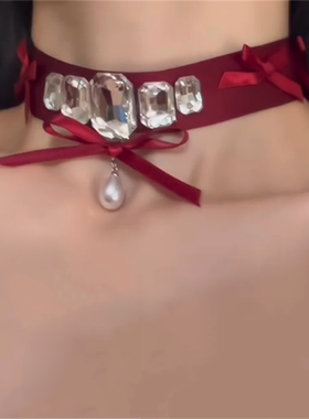 红色蝴蝶结闪锆项链女款