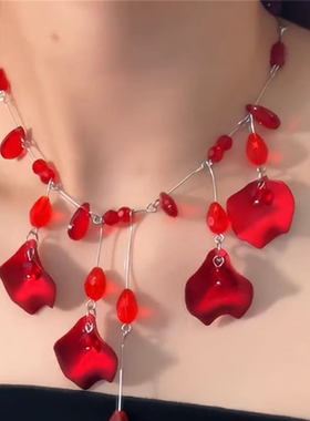 红色玫瑰花瓣流苏项链女