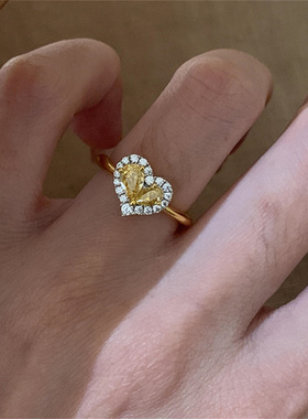 黄钻水滴锆石爱心形戒指女