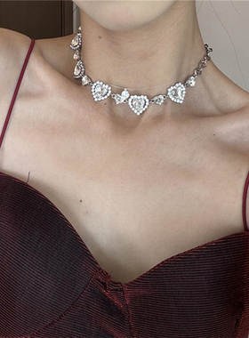 闪锆满钻爱心choker项链女