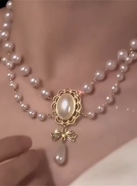蝴蝶结珍珠双层项链女
