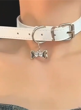 白色皮质小狗骨头项圈女