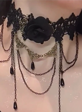 黑色玫瑰花蕾丝choker项链女