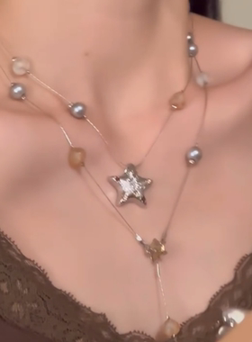 撞色珍珠星星流苏项链女