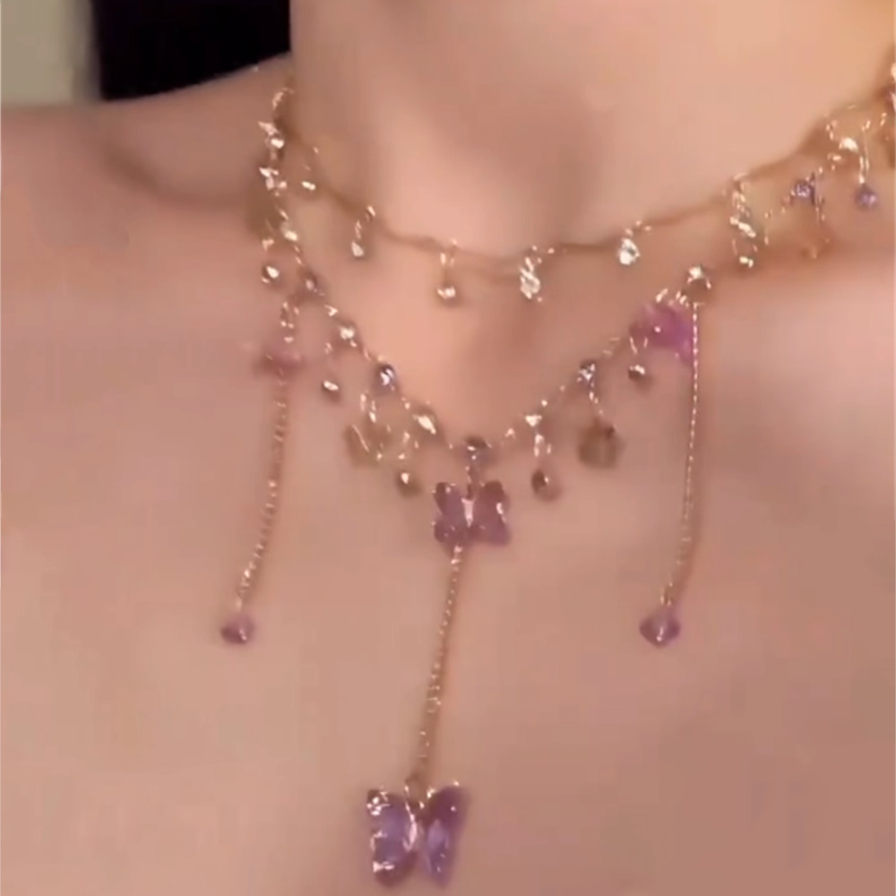 紫色蝴蝶流苏项链女款