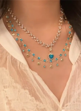 蓝色爱心超闪锆石项链女