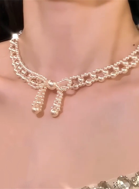 蝴蝶结珍珠choker项链女