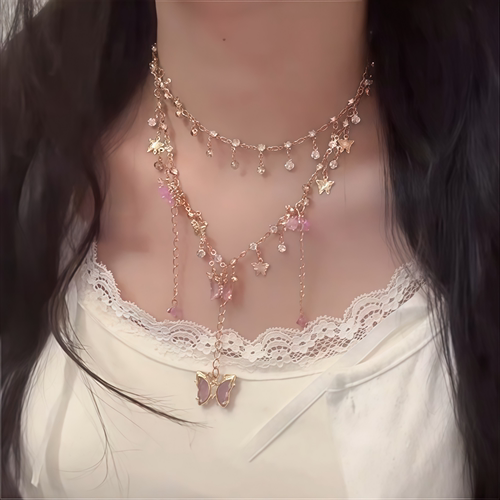 紫色蝴蝶双层项链女轻奢